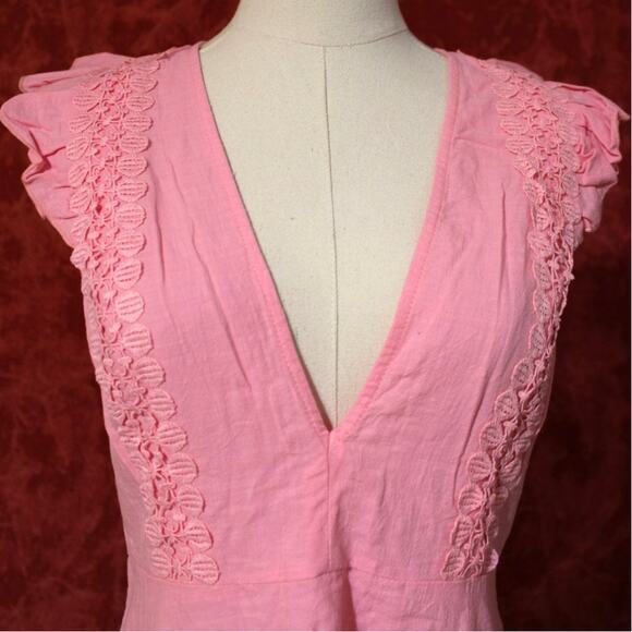 Double Crazy Pink Ruffle Lace Trim V-Neck Tiered Romantic Cottagecore Midi Dress - Picture 3 of 3